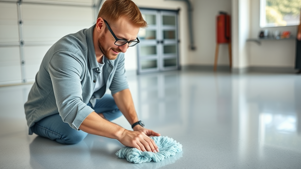 Homeowner carefully cleaning epoxy-coated garage floor with microfiber mop, satisfied expression and spotless, streak-free glossy finish.