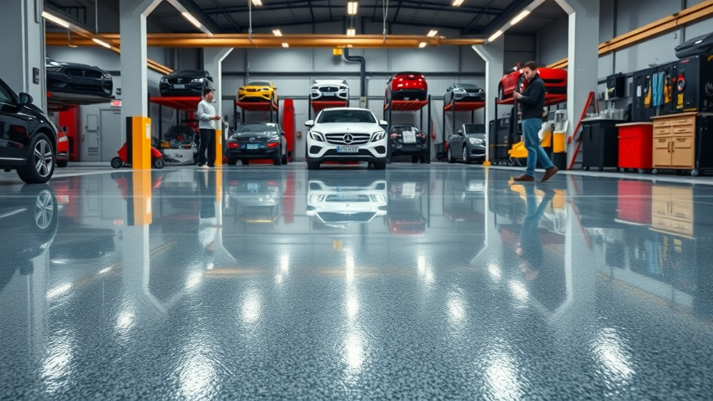 Commercial garage with high-gloss metallic epoxy resin flooring and vivid reflections. Main Keyword: metallic epoxy floor