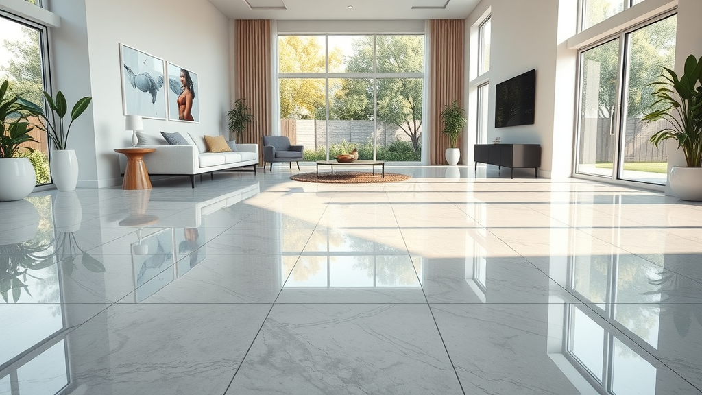 Modern living room with seamless epoxy resin flooring and natural sunlight, polished finish. Main Keyword: epoxy resin floors