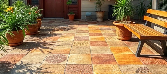 stained concrete, artistic flair, patterned, photorealistic, in an outdoor patio with potted plants and a wooden bench, highly detailed, color variations, intricate textures, warm earth tones, dappled sunlight, shot with a 50mm camera lens.