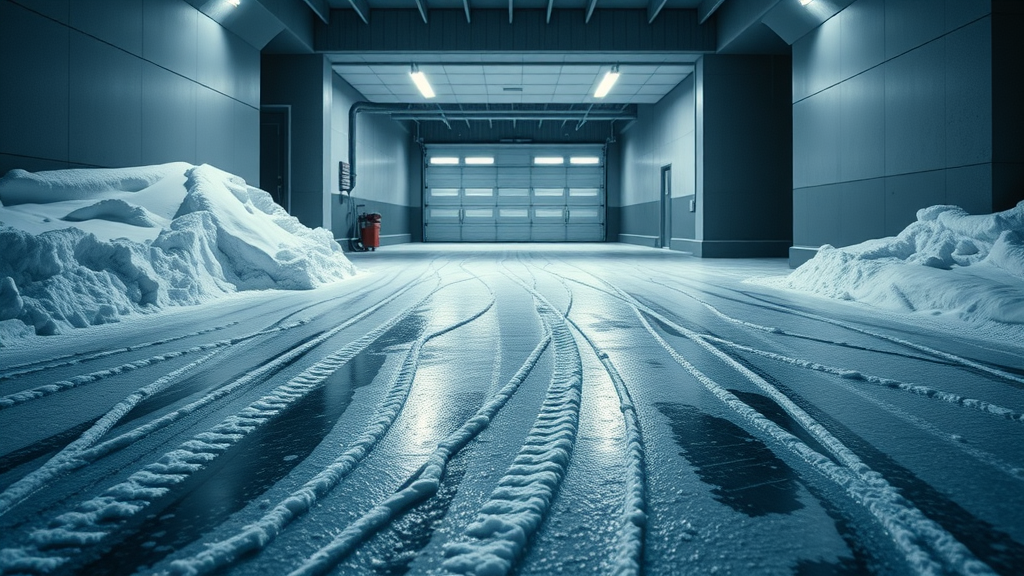 Dramatic icy driveway leading into garage, closeup on concrete floor protected with glossy sealer, garage floor winter protection