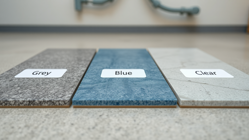 Three epoxy flooring samples—grey, blue, clear—showing different sheen and color for industrial epoxy applications