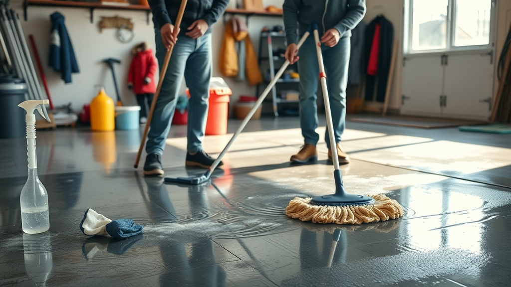 homeowner cleaning garage floor, sweeping and mopping for salt removal