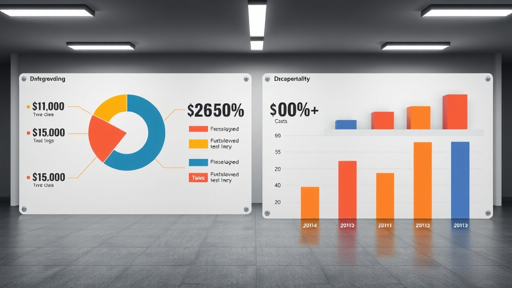 garage flooring cost comparison infographic with pie charts and bar graphs, highlighting garage tiles, floor coating, and epoxy coating durability and pricing