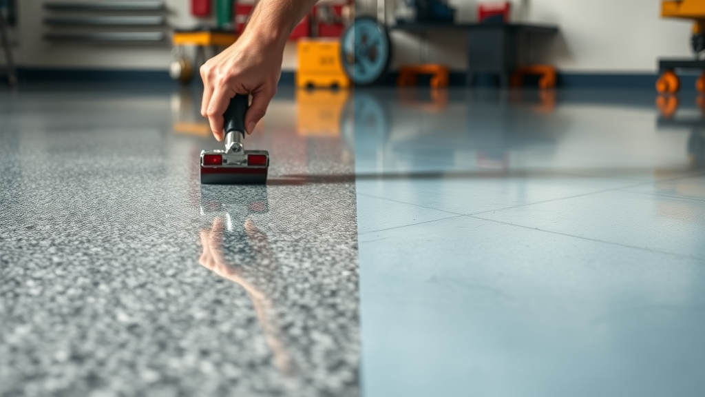 Comparison of epoxy and acrylic coated garage floor surfaces, showing gloss, texture, and protection levels for garage floor coatings