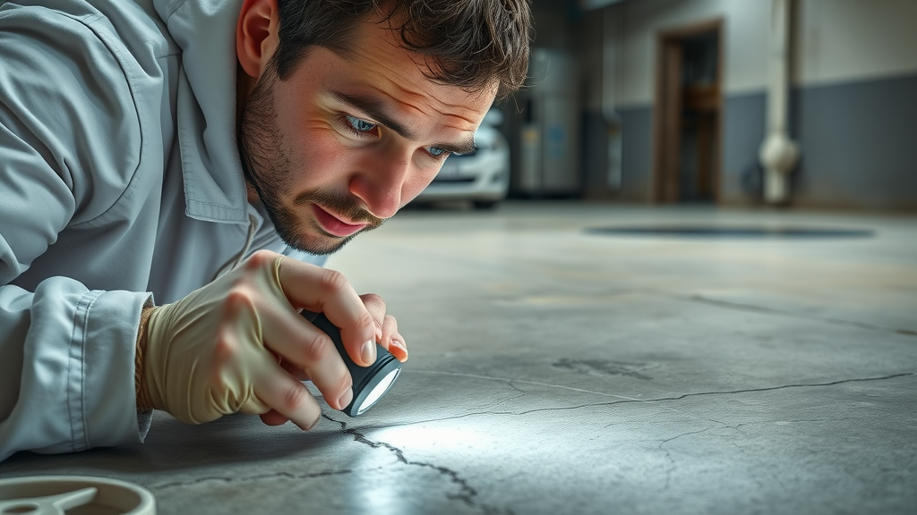 Technician inspecting cracks on concrete garage floor, garage floor resurfacing, high detail, visible crack patterns, neutral tones