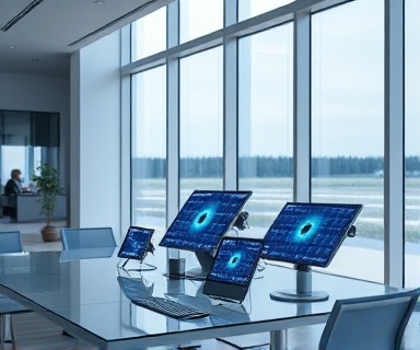 advanced ecofriendly technology, innovative, illustrating solar-powered devices in use, photorealistic, placed in a sleek home office with large windows, highly detailed, digital displays active, ultra-high resolution, cool blues, bright direct lighting, shot with a telephoto lens.