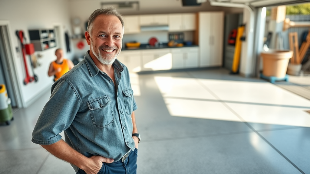 homeowner standing proudly in a modern garage with sparkling new garage floor coatings, storage cabinets and tools in background