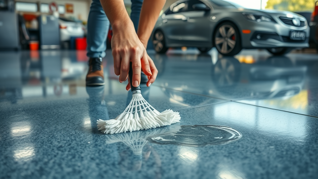 person wiping gasoline spill on garage epoxy floor, busy garage, vivid reflection, chemical resistance, garage floor coating benefits