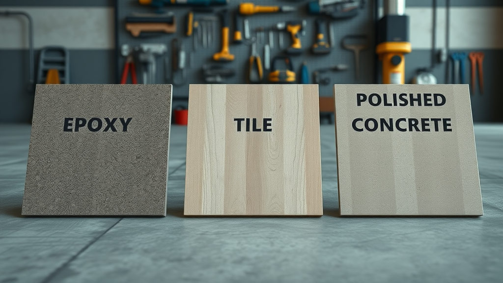 Epoxy vs tile vs polished concrete flooring samples comparison in a modern garage