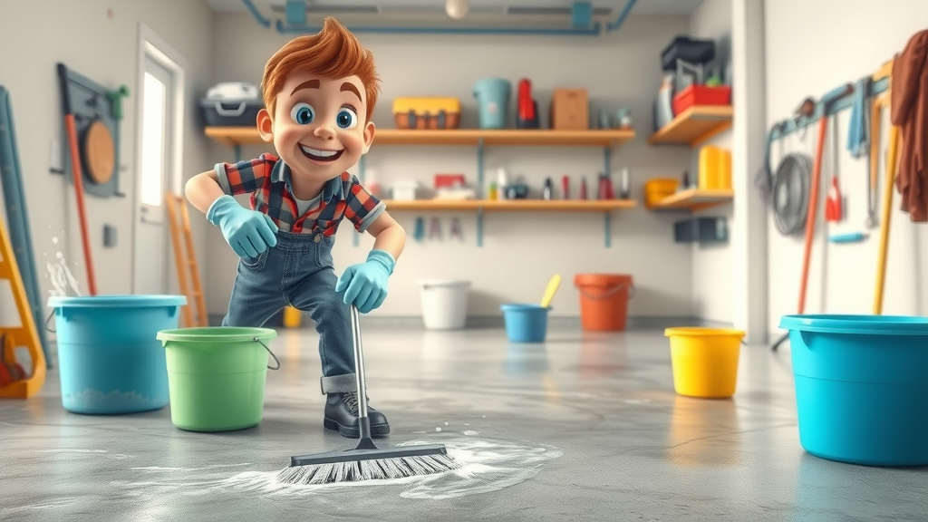homeowner scrubbing concrete garage floor to remove salt stains with cleaning supplies, tidy garage, 2D Cartoon style, highly detailed, energetic scene