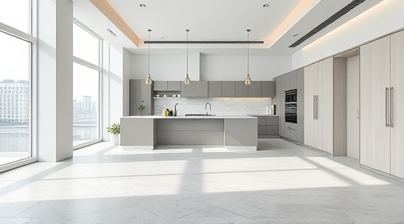 minimalist residential floorings, seamless surface, enhancing spaciousness, photorealistic, ultra-modern kitchen with high ceilings, highly detailed, subtle geometric lines, full-frame, soft grays, diffused lighting, shot with a 24mm lens