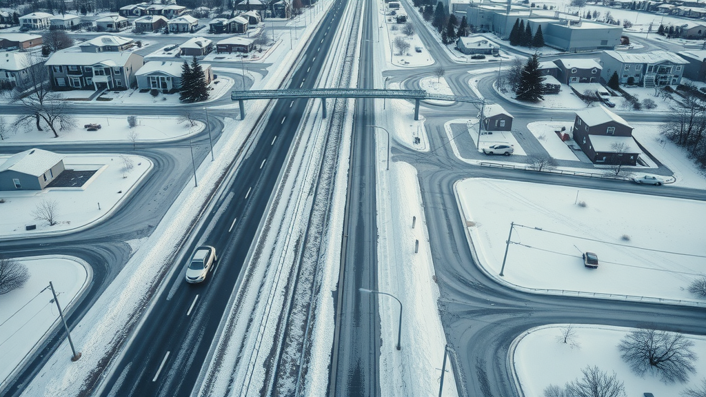effects of road salt on concrete floors shown by a photorealistic aerial shot of a winter highway with salt-stained roads and visibly deteriorating concrete driveways in a suburban neighborhood, snow banks, cars splashing slush, visible concrete damage, and soft winter daylight