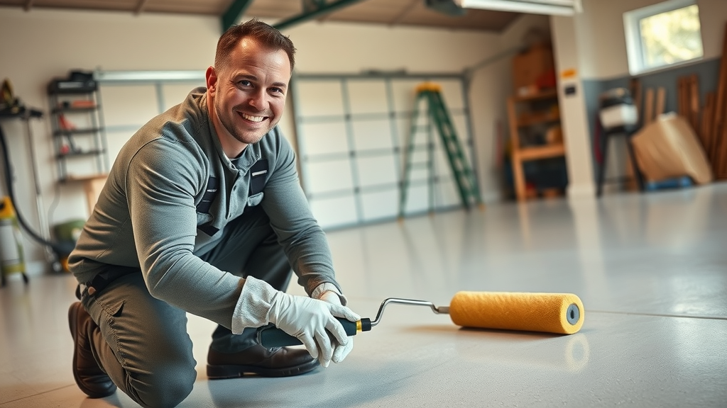 professional applying sealant to a concrete garage floor, demonstrating how to prevent salt damage to concrete floors with proper protective coating in a photorealistic residential garage