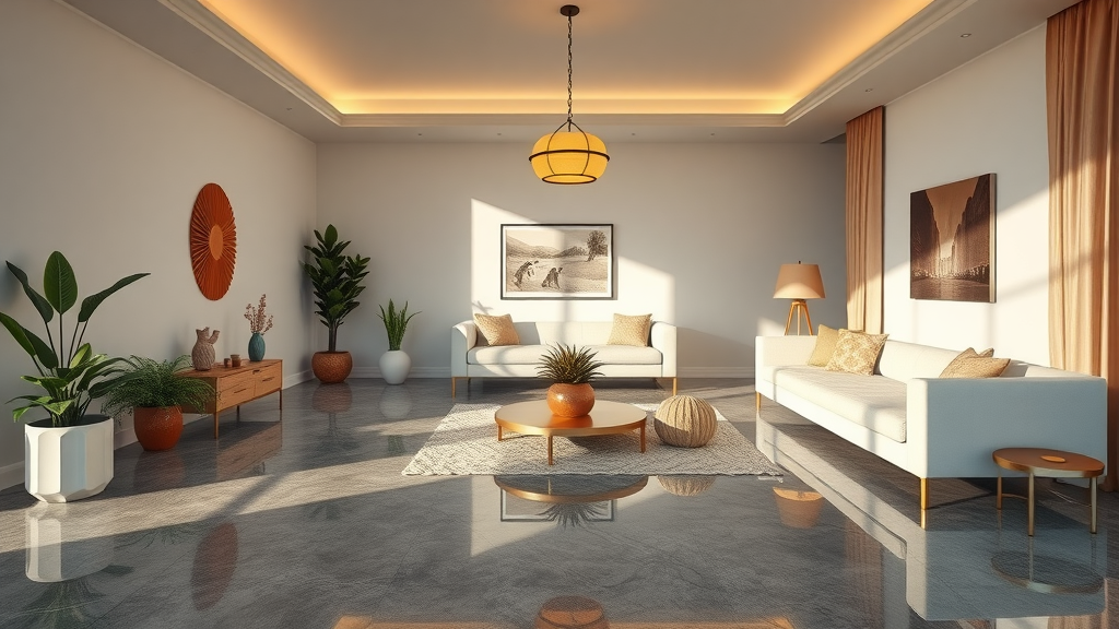 Elegant living room with epoxy floor color options matching modern decor and vibrant earthy tones