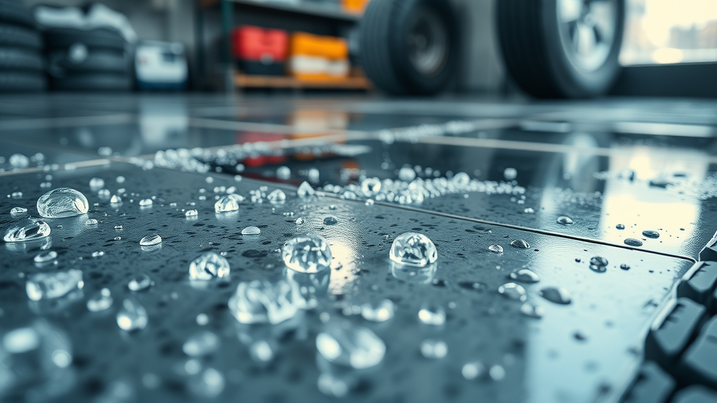 Close-up of sealed concrete with beads of water, salt crystals, reflected tire tread, demonstrating water repellent protection for garage floor sealer