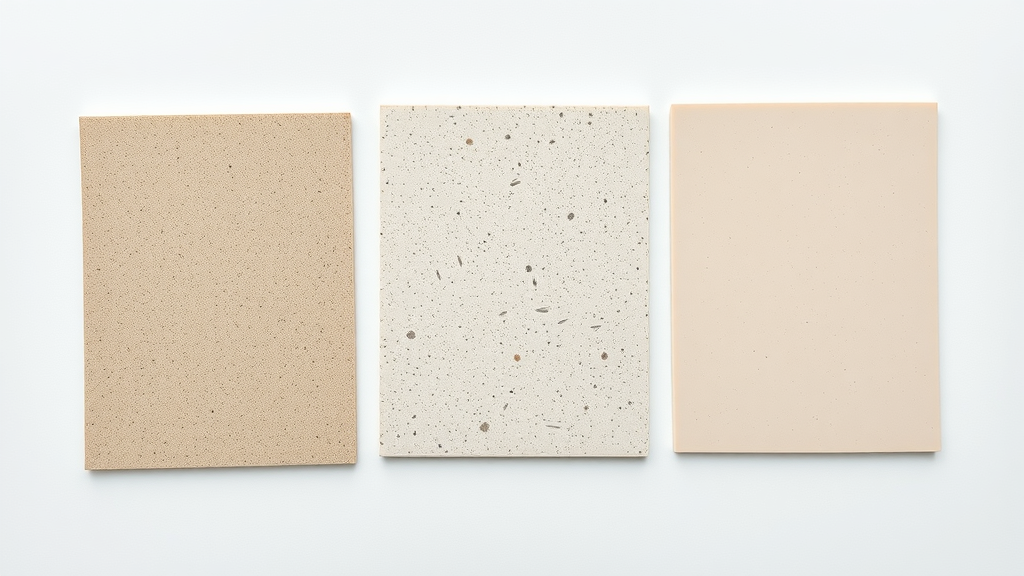 Three sample swatches of garage floor epoxy finishes: solids epoxy, water-based, full broadcast, technical close-up, detailed texture differences