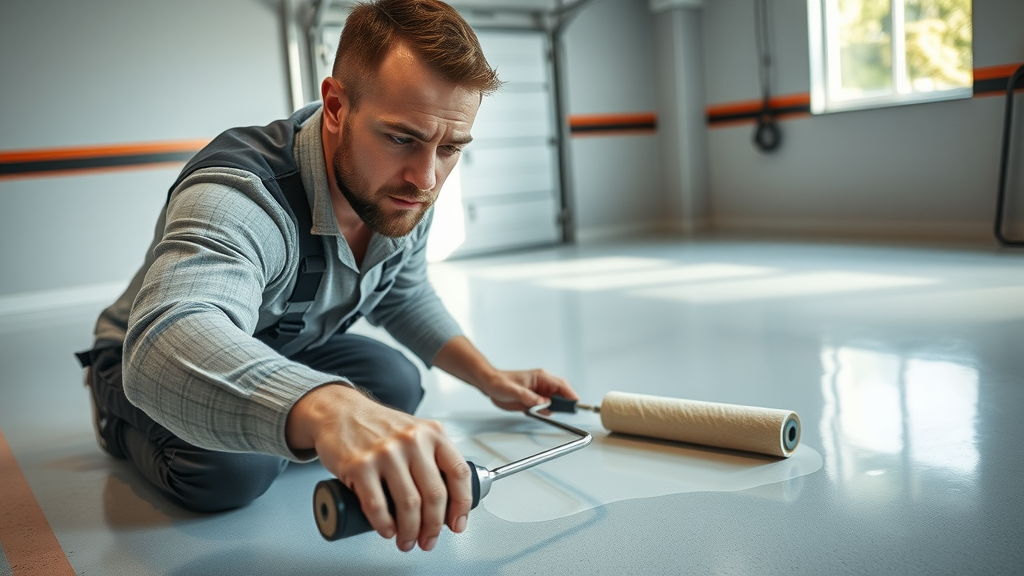 professional technician applying epoxy garage floor coating for winter garage floor maintenance, with roller and protective tape in a well-lit garage