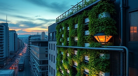 futuristic ecofriendly design, visionary, presenting a vertical garden integrated into urban infrastructure, photorealistic, cityscape environment during twilight, highly detailed, leaves swaying gently, ultra-clear resolution, rich greens and blues, soft twilight glow, shot with a panoramic lens.