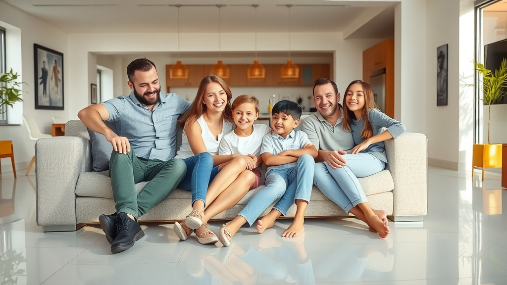 Family in living room with pristine epoxy resin floor and joyful atmosphere. Main Keyword: epoxy resin floor