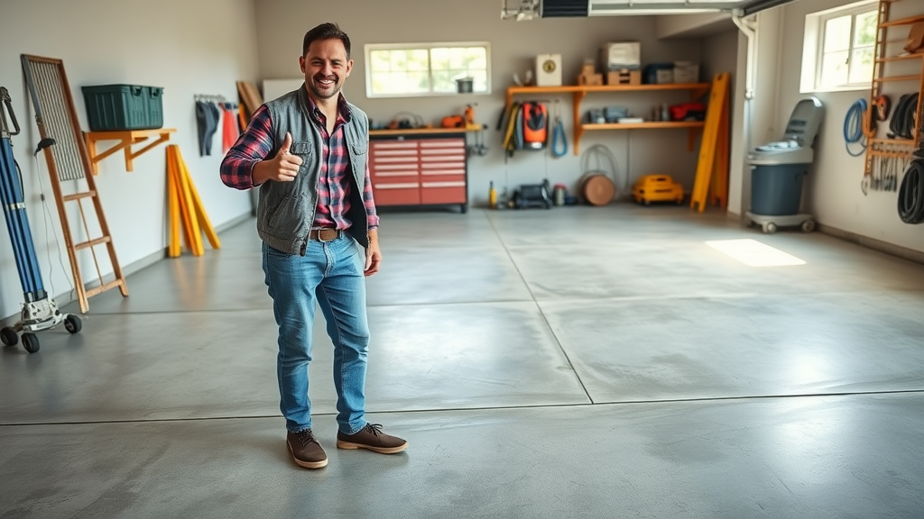 hopeful homeowner inspecting a well-maintained concrete garage floor, standing confidently, representing proactive steps to prevent salt damage to concrete floors in a clean and organized residential garage
