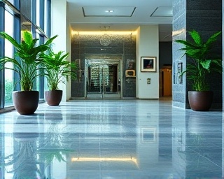 premium concrete coating, deliberate, team polishing floor, photorealistic, commercial building foyer with plants, highly detailed, shine reflecting light, superfine detail, light smoke-grey, artificial lighting, shot with a tilt-shift lens.