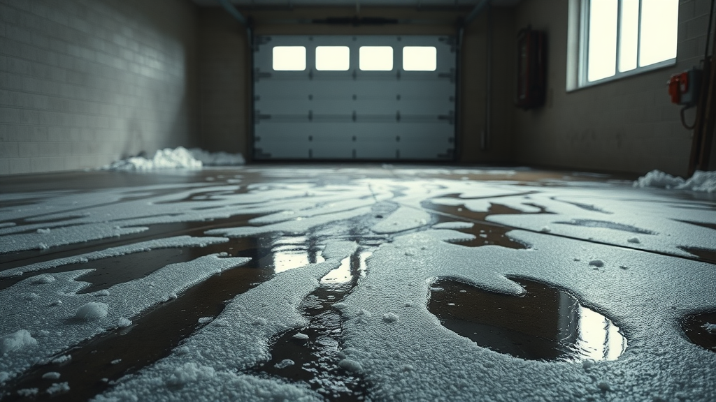 Winter garage floor care (salt, slush): Salt residue and slush inside suburban garage showing floor damage