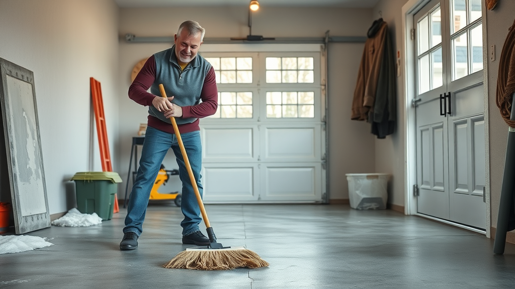 homeowner sweeping and cleaning a garage floor for protecting garage floors from slush