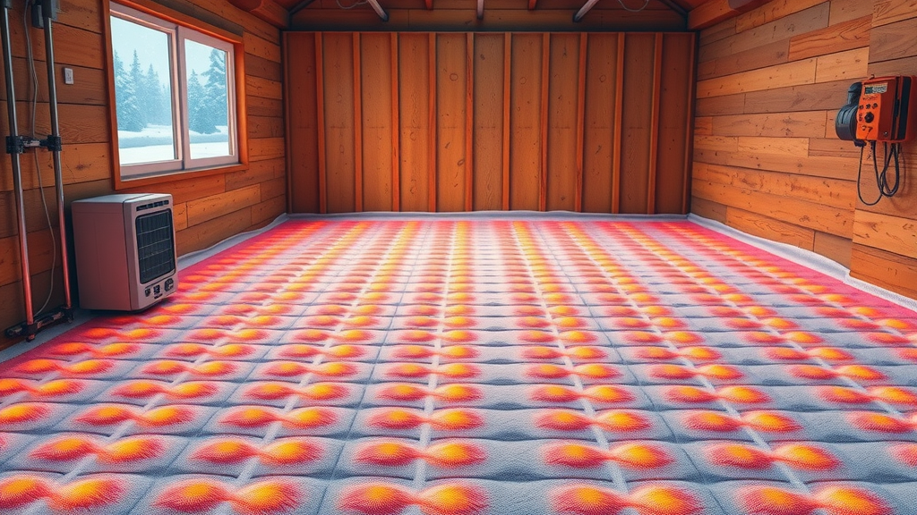 cozy garage interior with radiant floor mats, thick mats, and a space heater, keeping concrete garage floor warm in winter