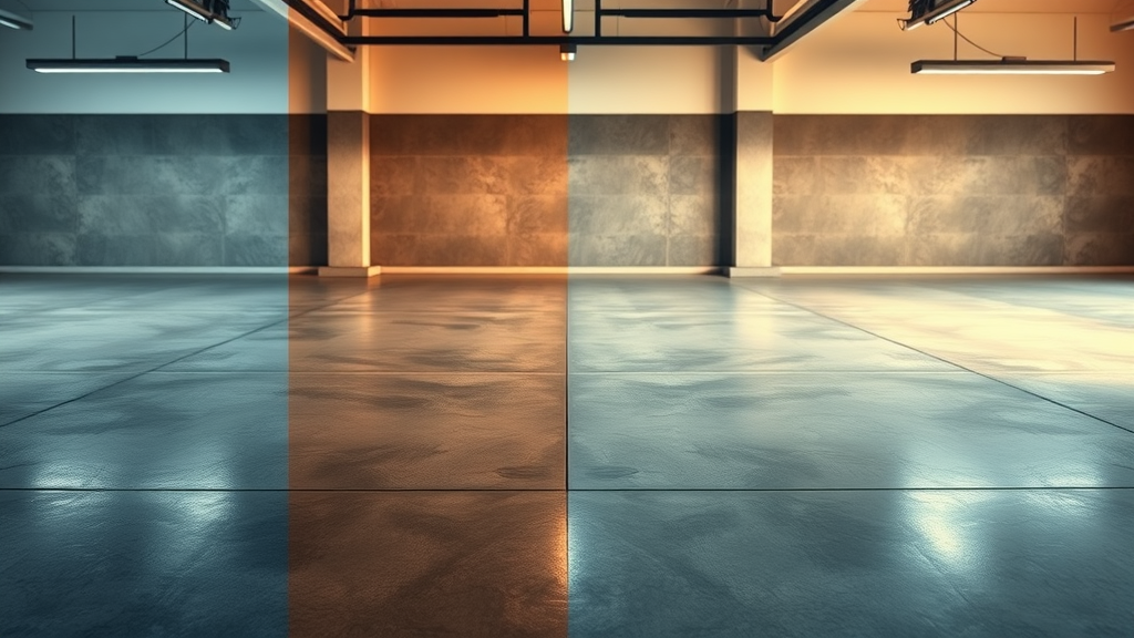 transformation of basic garage floor to high-end durable garage flooring, showing stages from rough concrete to glossy epoxy and interlocking tile finish