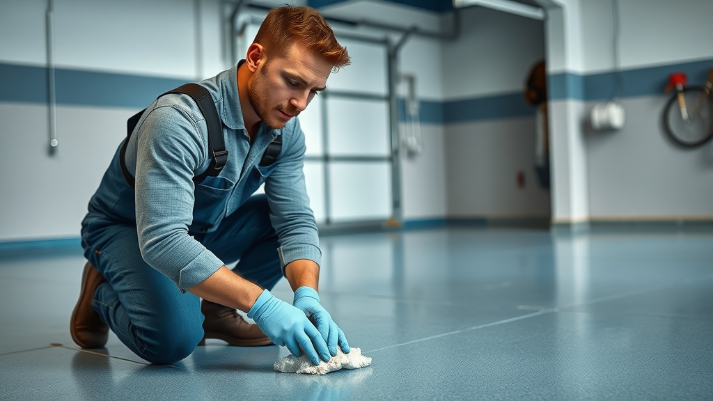 Floor preparation for garage floor epoxy, professional cleaning and patching, clear epoxy application, organized garage interior