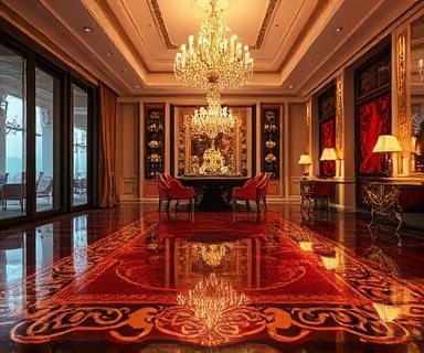 luxurious residential floorings, polished finish, exhibiting elegant patterns, photorealistic, opulent dining area with chandeliers, highly detailed, reflections and refractions, 10-bit color depth, deep reds and gold, spotlight illumination, shot with an 85mm lens