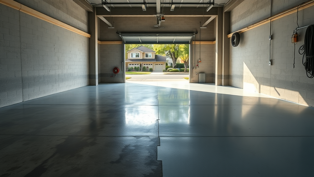 industrial-style garage with dramatic before-and-after transformation of garage floor coating, open to leafy suburban street