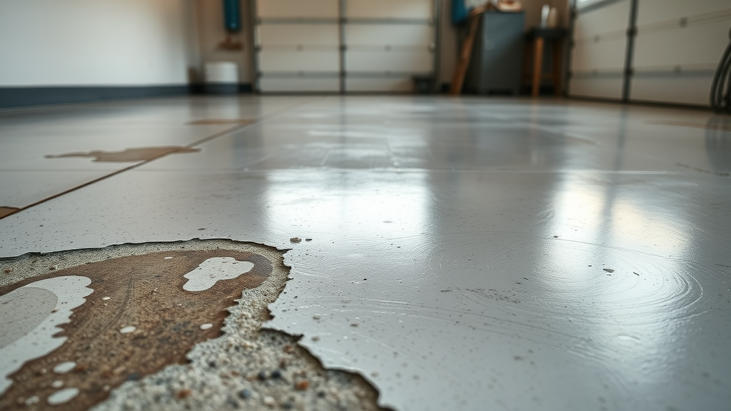 Macro close-up of peeling and bubbling epoxy floor on garage concrete surface, epoxy coating defects