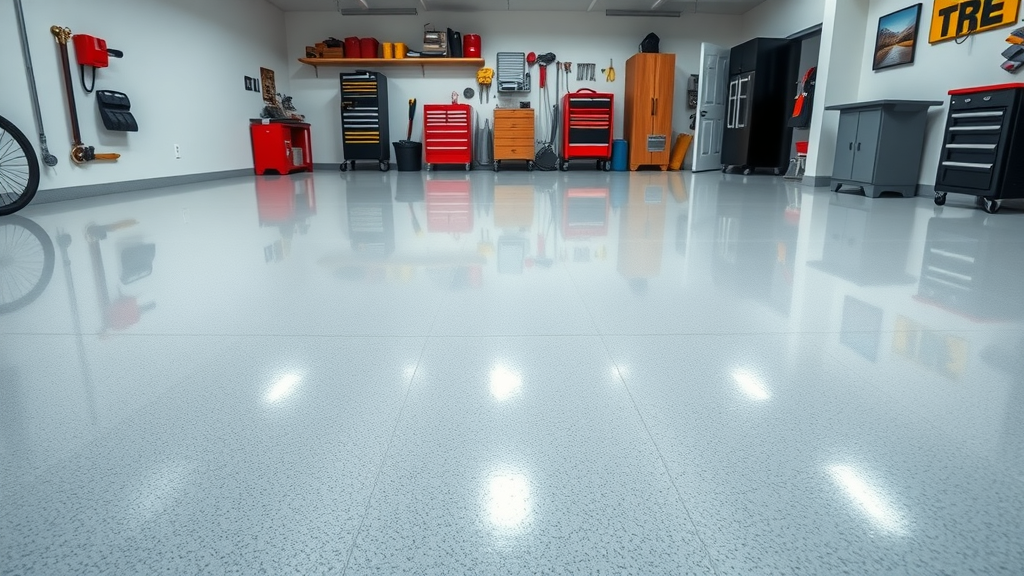 epoxy floor coatings in a modern garage with immaculate shine and organized storage