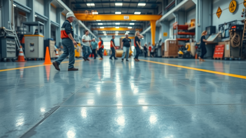 Epoxy floor color options being inspected in a busy industrial workshop for durability and wear