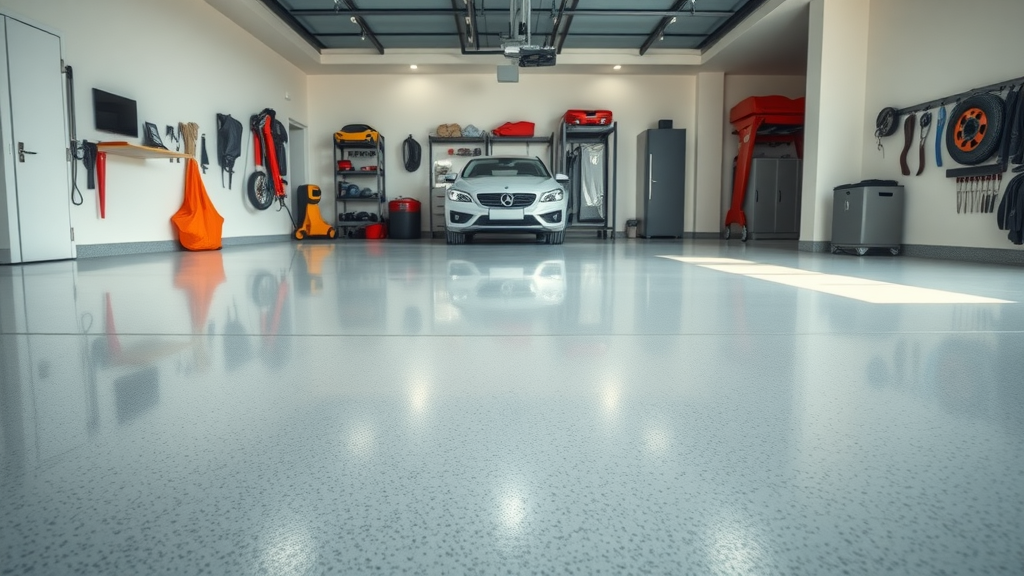 durable garage flooring in a modern spacious garage with floor tile and epoxy coating, wall storage, automotive tools, glistening surfaces, high resolution