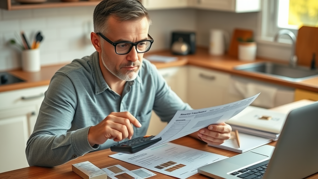 Budget-conscious homeowner with calculator and flooring material samples, considering cost of garage floor resurfacing, photorealistic, detailed receipts and color chips