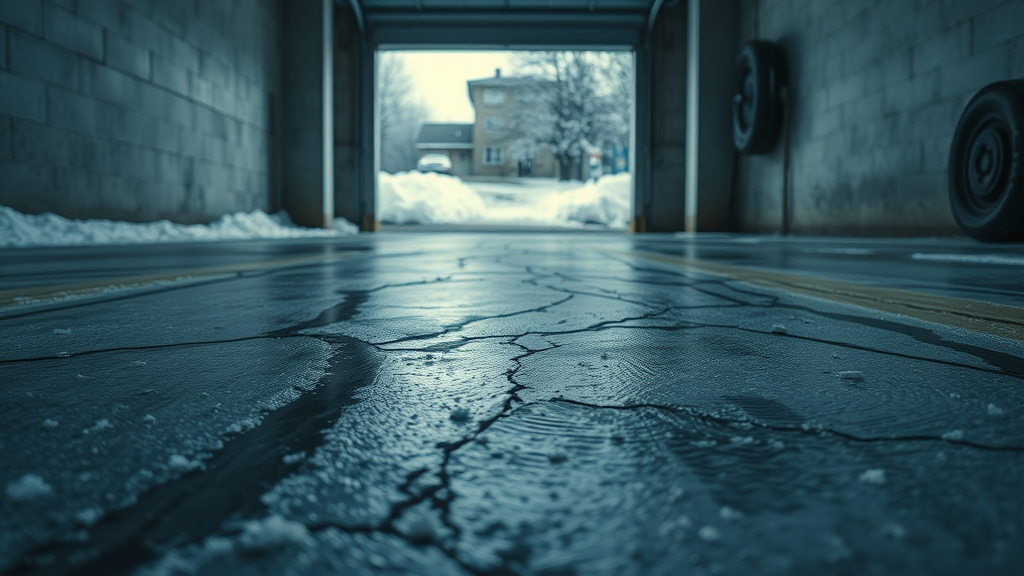 closeup garage floor with slush, salt, tire marks, cracks for protecting garage floors from slush