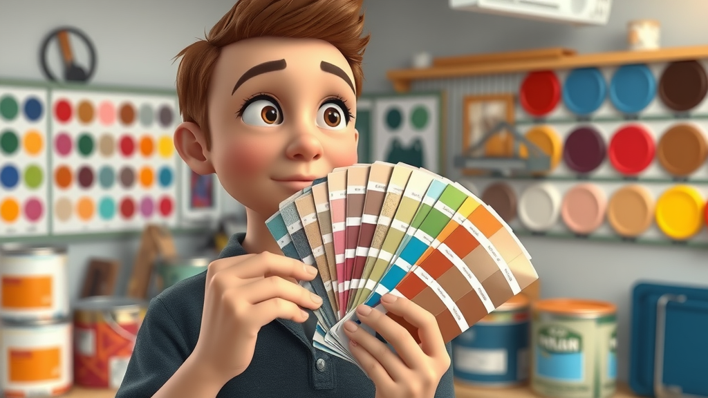 Homeowner selecting epoxy floor color options from a fan deck, comparing sample swatches in home improvement store