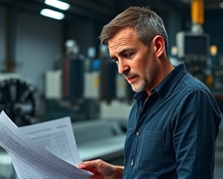 trailblazing industry pioneers, thoughtful expression, studying blueprints, photorealistic, high-tech innovation lab with cutting-edge equipment, highly detailed, intricate machinery, 35mm, focused spotlight, shot with a Sigma 35mm f/1.4 DG HSM Art lens.