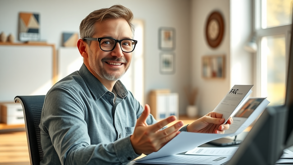 Expert consultant ready to answer garage floor resurfacing FAQs, paperwork and flooring samples, friendly expression, sunlit office, photorealistic