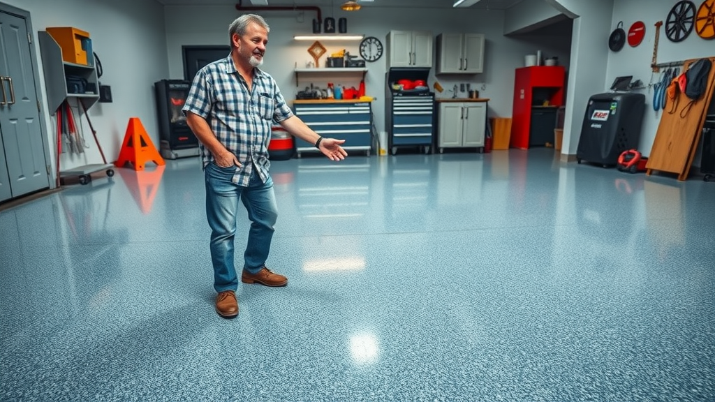 vibrant seamless epoxy garage flooring, metallic flakes, decorative finish, garage tools background, garage floor coating benefits
