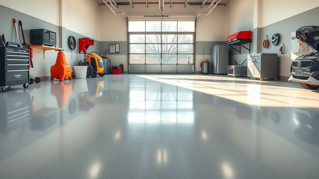 sleek and spotless garage interior with freshly coated high-gloss epoxy garage floor coatings, sunlit with tools and cars neatly arranged