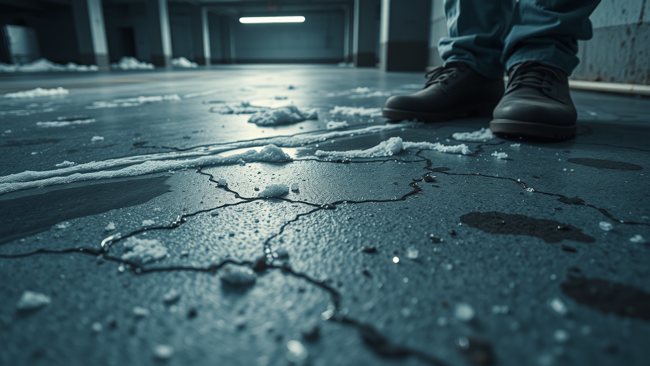 Close-up view of a garage floor with slush, salt crystals, and water stains, removing salt and slush stains from garage floors