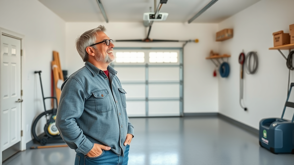 happy homeowner in a spotless, newly sealed garage floor protected from salt