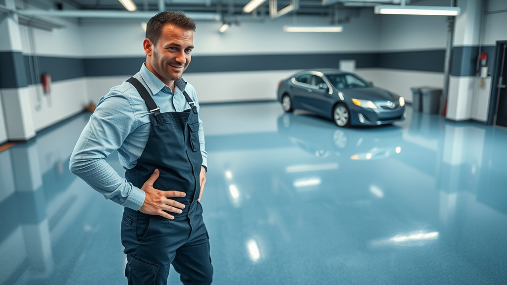 Satisfied professional inspecting flawless finished epoxy garage floor installation