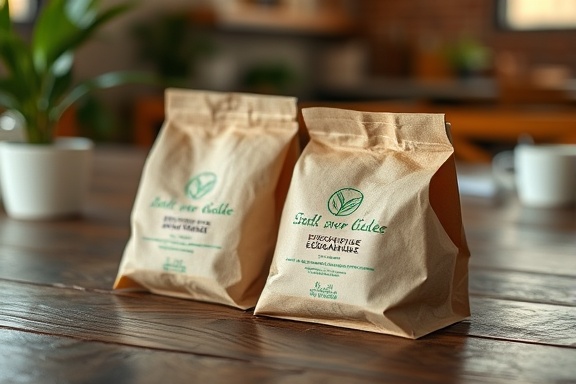sleek ecofriendly packaging, thoughtful, featuring biodegradable materials, photorealistic, located on a rustic wooden table indoors, highly detailed, subtle reflections, macro detail, earthy tones, soft ambient lighting, shot with a macro lens.