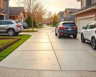 resilient concrete protection, pleased, preventive measures application, photorealistic, suburban driveway with vehicles parked, highly detailed, protective sheen visible, hyper-clear detail, beige-grey, backlit, shot with a long-focus lens.