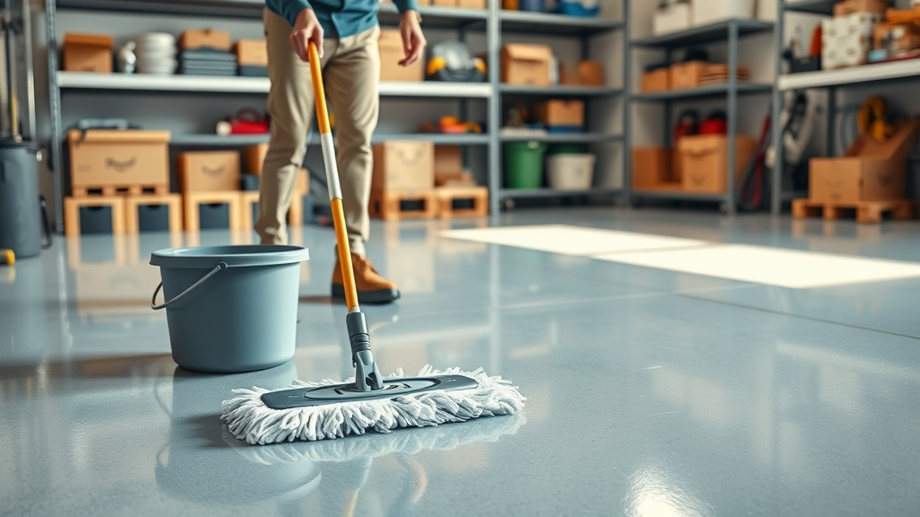 sparkling clean garage floor being mopped, person using microfiber mop with bucket, shelves and tools in background